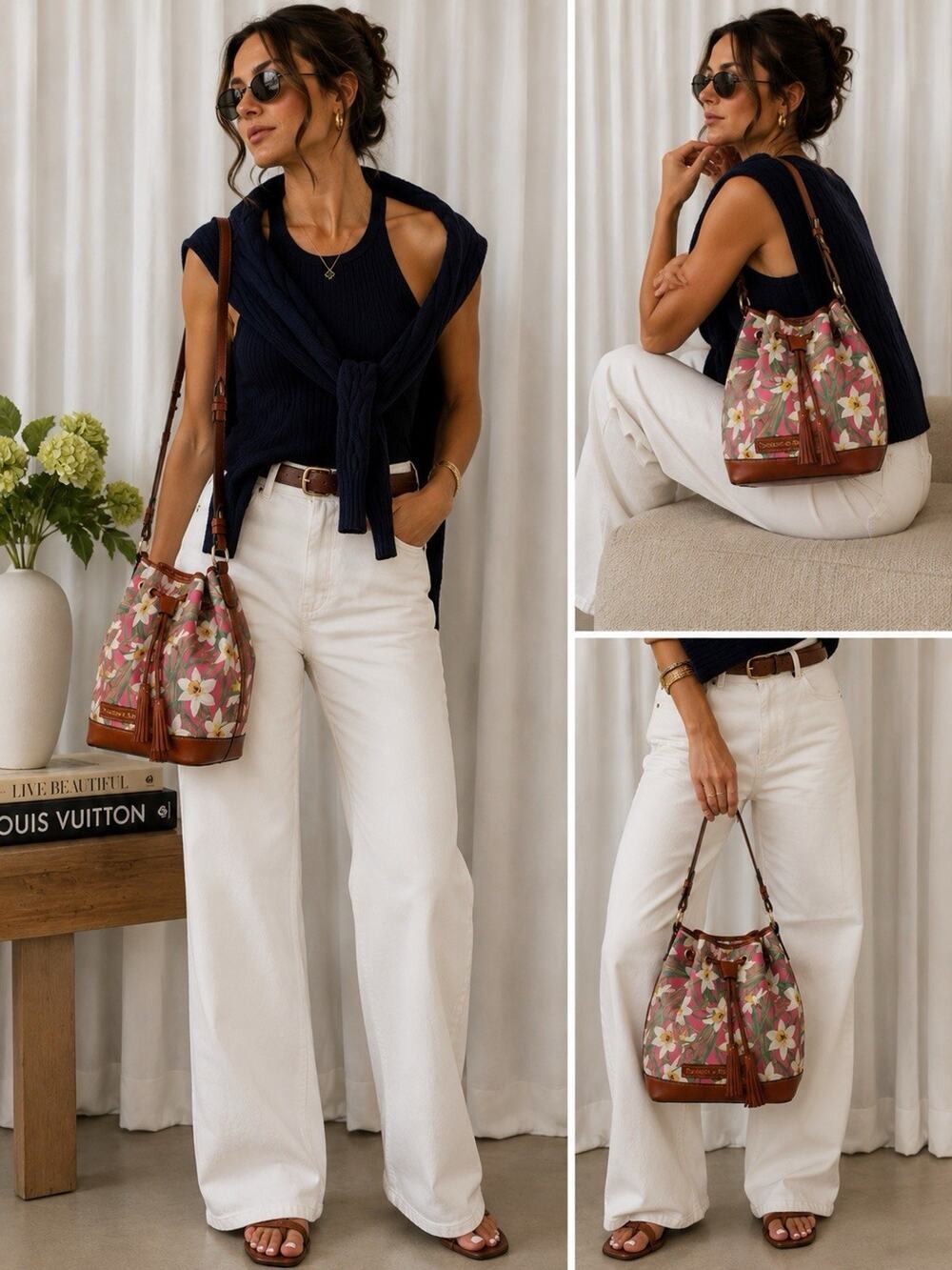 Dooney & Bourke Daffodil Botanical Bucket Bag Pink Floral Drawstring Leather Tri